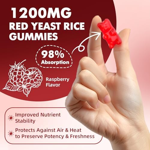 GrnLife 2 Paquetes de Gomas de Arroz Rojo con Coq10, Suplemento Sin Azúcar, Sabor Frambuesa, 120 Unidades - imagen 7