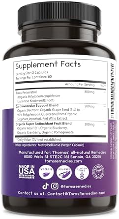 Suplemento Antioxidante Thomas' Resveratrol 1600mg con Extracto de Semilla de Uva Orgánico y Quercetina - Apoyo Cardiovascular y Antienvejecimiento - - imagen 6