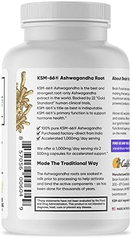 Brain Forza KSM-66 Ashwagandha Extracto Orgánico de Raíz Pura, 1,000mg, Alta Potencia 5% Withanolides, Salud Hormonal y Cognitiva, 90 Cápsulas - imagen 3