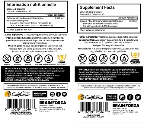 Brain Forza KSM-66 Ashwagandha Extracto Orgánico de Raíz Pura, 1,000mg, Alta Potencia 5% Withanolides, Salud Hormonal y Cognitiva, 90 Cápsulas - imagen 5