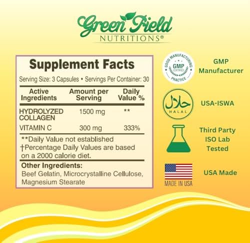 Colágeno Halal Greenfield Nutritions 1500 mg Tipo I & III con Vitamina C 300 mg, Fórmula Antienvejecimiento para Cabello, Piel, Uñas y - imagen 5