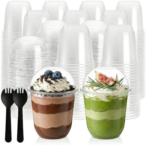 Nicunom 100 Piezas de Vasos Desechables Transparentes de 12 oz con Tapas Sin Agujero y Cucharitas, Vasos para Postres, Ideal para Helados, Frutas, - imagen 1