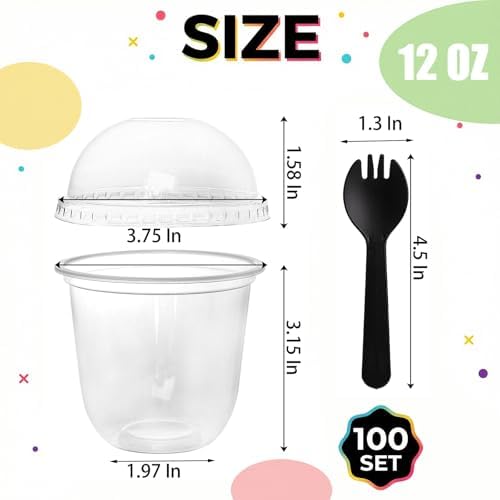 Nicunom 100 Piezas de Vasos Desechables Transparentes de 12 oz con Tapas Sin Agujero y Cucharitas, Vasos para Postres, Ideal para Helados, Frutas, - imagen 2