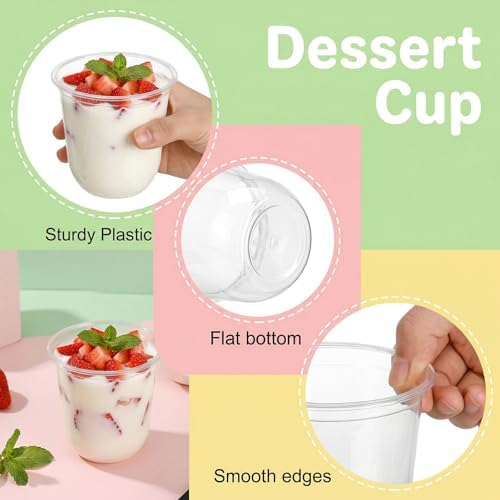 Nicunom 100 Piezas de Vasos Desechables Transparentes de 12 oz con Tapas Sin Agujero y Cucharitas, Vasos para Postres, Ideal para Helados, Frutas, - imagen 3