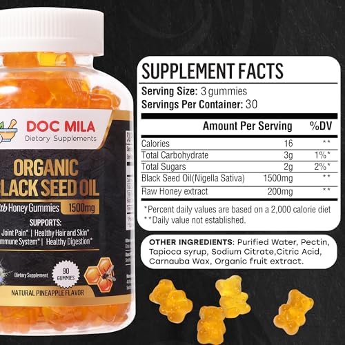 Gomitas de Aceite de Semilla Negra Orgánico Doc Mila 1500mg - Cápsulas de Aceite de Semilla Negra con Miel y Sabor a Piña - Sin Gluten, Sin Soja y No - imagen 2