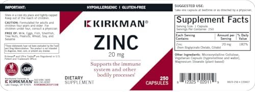 Kirkman - Zinc 20mg - 250 Cápsulas - Soporte Inmunológico - Alta Absorción - Hipoalergénico - imagen 2