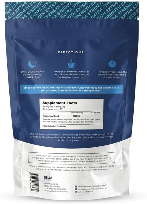 Té Detox Extremo Bella All Natural - 30 Bolsitas para Uso Diario con Hierbas Naturales, 3.17 Onzas - imagen 2
