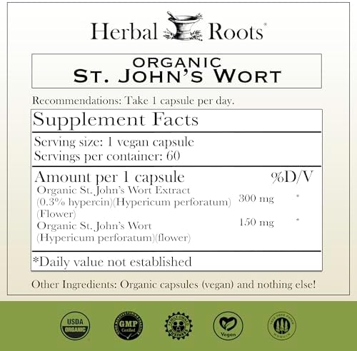Cápsulas Orgánicas de Hierba de San Juan Herbal Roots | 450 mg por Porción | Sin Aglutinantes ni Rellenos No GMO | 60 Cápsulas Veganas - imagen 2