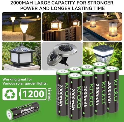 Baterías Recargables AA Kruta NiMH 2000mAh 1.2V de Alta Capacidad, Paquete de 20, Cargadas Previamente, Recarga Hasta 1200 Veces para Luces Solares - imagen 2