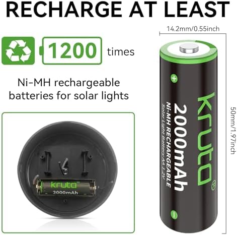Baterías Recargables AA Kruta NiMH 2000mAh 1.2V de Alta Capacidad, Paquete de 20, Cargadas Previamente, Recarga Hasta 1200 Veces para Luces Solares - imagen 4