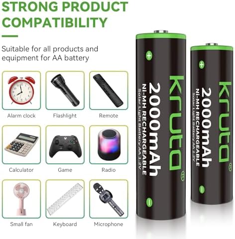 Baterías Recargables AA Kruta NiMH 2000mAh 1.2V de Alta Capacidad, Paquete de 20, Cargadas Previamente, Recarga Hasta 1200 Veces para Luces Solares - imagen 5