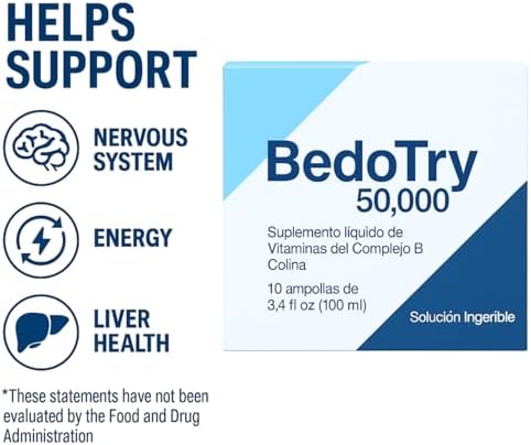 BedoTry Suplemento Líquido de Vitaminas Complejo B - 10 Ampolletas (100 ml) - Con Colina - Apoya Energía, Metabolismo y Salud Nerviosa - imagen 2