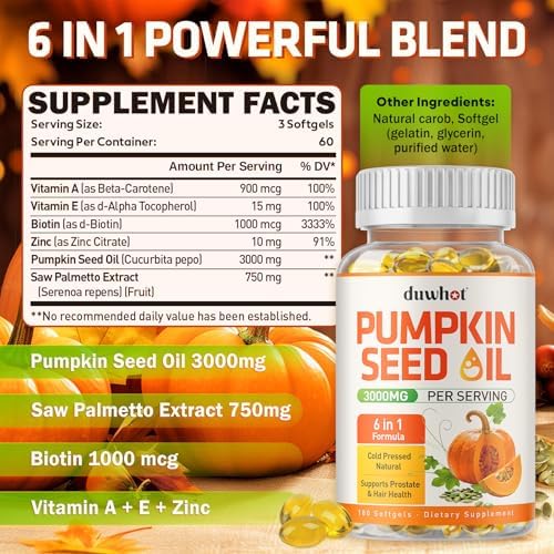 Cápsulas de Aceite de Semilla de Calabaza duwhot para el Cabello, con Saw Palmetto, Vitaminas A, E, Biotina, Zinc, 3000mg por Porción, 180 Softgels - imagen 2