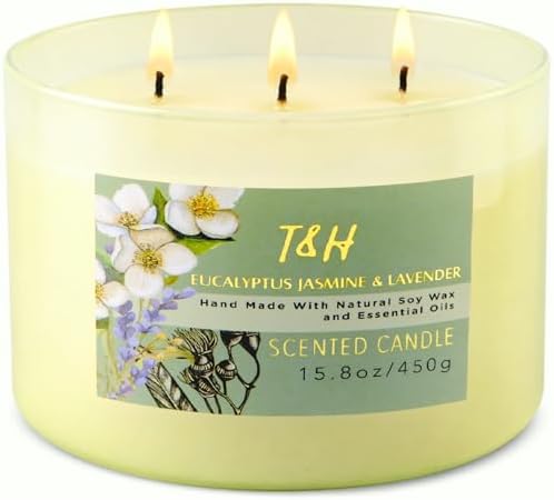 Vela Aromática de Eucalipto, Jazmín y Lavanda | Vela de Soja Grande de 3 Mechas 15.8oz | Relajante Vela de Spa para Aromaterapia | Regalo para - imagen 1