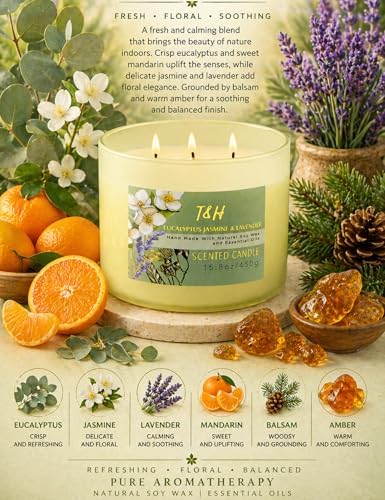Vela Aromática de Eucalipto, Jazmín y Lavanda | Vela de Soja Grande de 3 Mechas 15.8oz | Relajante Vela de Spa para Aromaterapia | Regalo para - imagen 2