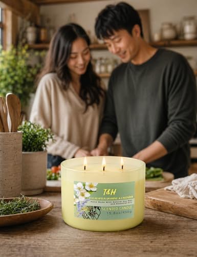 Vela Aromática de Eucalipto, Jazmín y Lavanda | Vela de Soja Grande de 3 Mechas 15.8oz | Relajante Vela de Spa para Aromaterapia | Regalo para - imagen 3