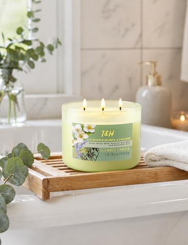 Vela Aromática de Eucalipto, Jazmín y Lavanda | Vela de Soja Grande de 3 Mechas 15.8oz | Relajante Vela de Spa para Aromaterapia | Regalo para - imagen 4