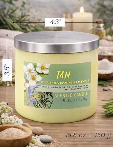 Vela Aromática de Eucalipto, Jazmín y Lavanda | Vela de Soja Grande de 3 Mechas 15.8oz | Relajante Vela de Spa para Aromaterapia | Regalo para - imagen 5