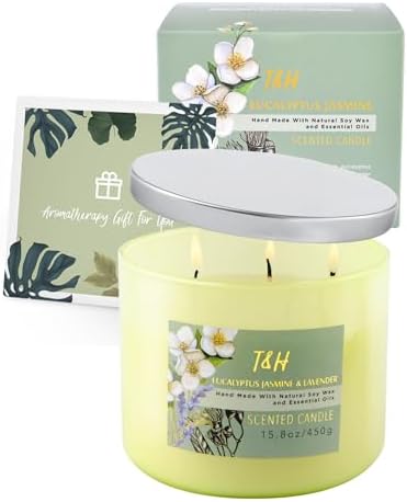 Vela Aromática de Eucalipto, Jazmín y Lavanda | Vela de Soja Grande de 3 Mechas 15.8oz | Relajante Vela de Spa para Aromaterapia | Regalo para - imagen 6