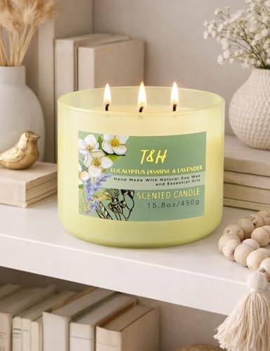 Vela Aromática de Eucalipto, Jazmín y Lavanda | Vela de Soja Grande de 3 Mechas 15.8oz | Relajante Vela de Spa para Aromaterapia | Regalo para - imagen 7