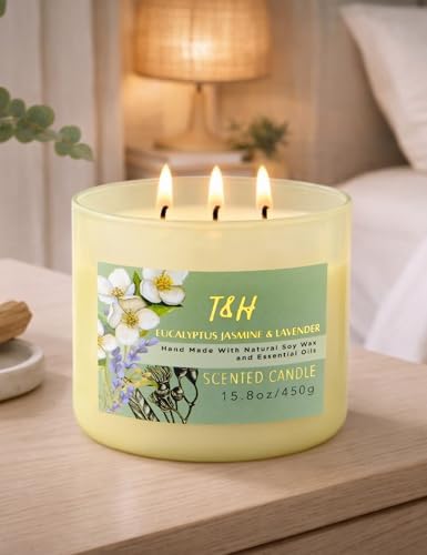 Vela Aromática de Eucalipto, Jazmín y Lavanda | Vela de Soja Grande de 3 Mechas 15.8oz | Relajante Vela de Spa para Aromaterapia | Regalo para - imagen 8