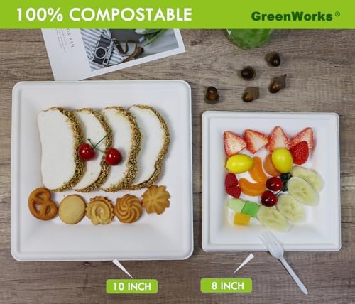 Platos Compostables GreenWorks de 8 y 10 pulgadas (50 unidades cada uno), paquete de 100 platos desechables de fibra de bagazo y bambú - imagen 4