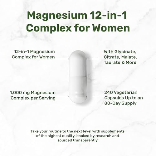 Complejo de Magnesio 12 en 1 para Mujeres 1,000 mg, 240 Cápsulas Vegetarianas | Magnesio Glicinato, Citrato, Malato, Taurato, Orotato, Óxido y Más | - imagen 3