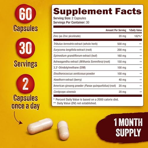 Suplemento Aumentador de Testosterona para Hombres - Mejora Muscular, Energía y Fuerza - Con Ashwagandha, Tongkat Ali, DIM, Zinc y Tribulus - 60 - imagen 2