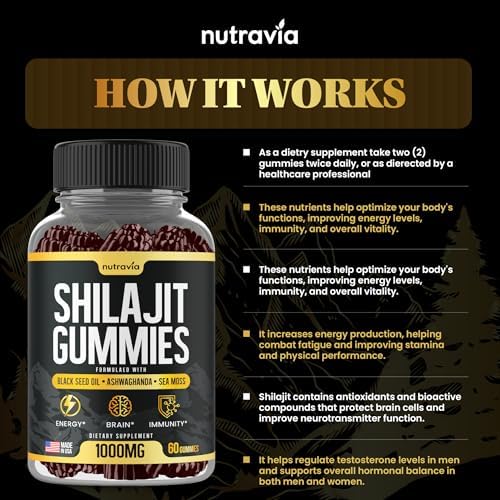 Gomitas de Shilajit 3 en 1 con Musgo Marino, Aceite de Semilla Negra y Ashwagandha - Suplemento Natural con 85+ Minerales, Hecho en EE. UU. (60 - imagen 4