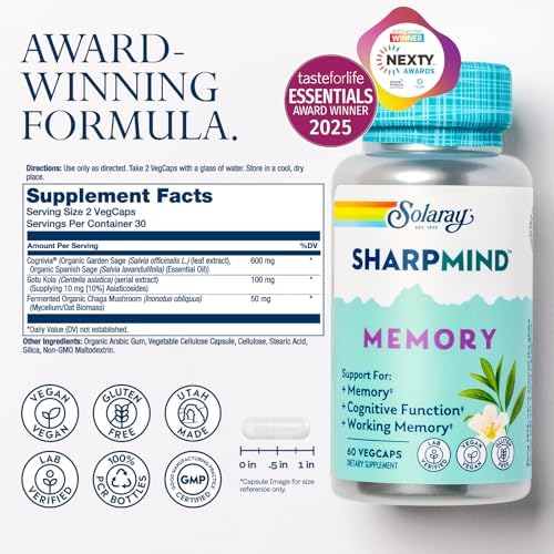 SOLARAY SharpMind Fórmula para la Memoria - Suplemento para la Concentración y Memoria - Cognivia, Gotu Kola y Hongo Chaga - Alternativa a Ginkgo - imagen 2