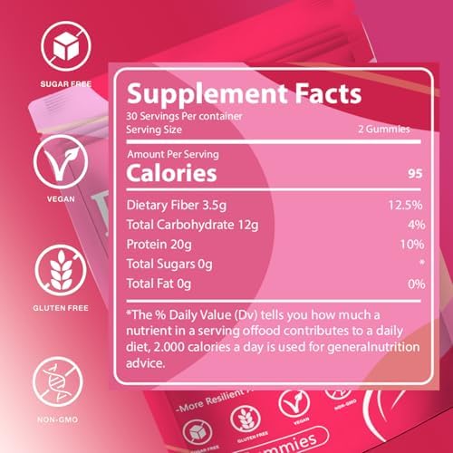 Gomitas de Proteína YKSDQ para Mujeres y Hombres, 20g de Proteína por Porción, Sin Azúcar, Veganas, Con Colágeno, Sabor a Berries Mixtas, 60 Gomitas - imagen 2