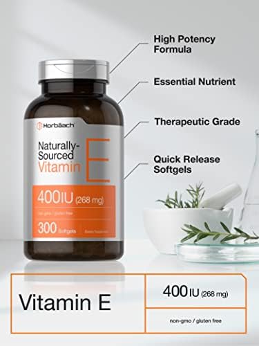 Cápsulas de Gel Suave de Vitamina E Horbäach | 400 IU | 268 mg | 300 Unidades | Fórmula Natural Sin OGM y Sin Gluten | D-Alfa Tocoferol - imagen 3