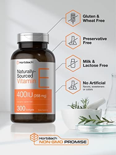 Cápsulas de Gel Suave de Vitamina E Horbäach | 400 IU | 268 mg | 300 Unidades | Fórmula Natural Sin OGM y Sin Gluten | D-Alfa Tocoferol - imagen 4