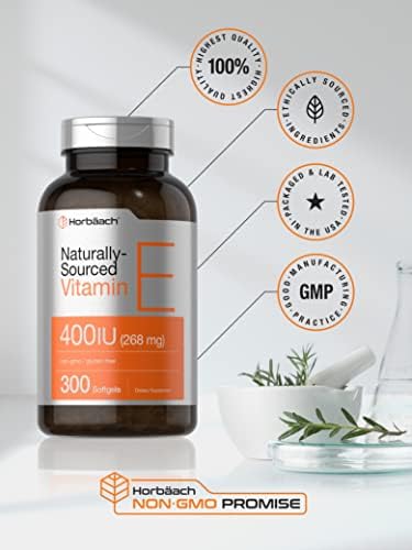 Cápsulas de Gel Suave de Vitamina E Horbäach | 400 IU | 268 mg | 300 Unidades | Fórmula Natural Sin OGM y Sin Gluten | D-Alfa Tocoferol - imagen 5