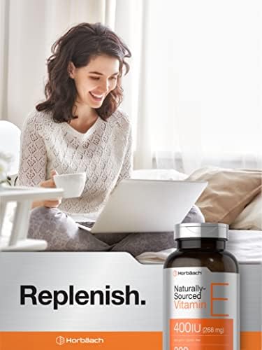 Cápsulas de Gel Suave de Vitamina E Horbäach | 400 IU | 268 mg | 300 Unidades | Fórmula Natural Sin OGM y Sin Gluten | D-Alfa Tocoferol - imagen 6