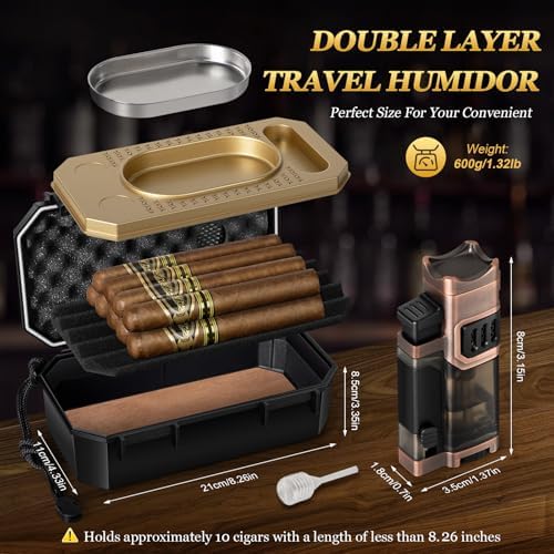 Set de Humidor de Viaje AWOTE con Encendedor de Soplete, Cenicero, Soporte, Humidificador y Higrómetro, Estuche Portátil para Cigarros con Accesorios - imagen 2