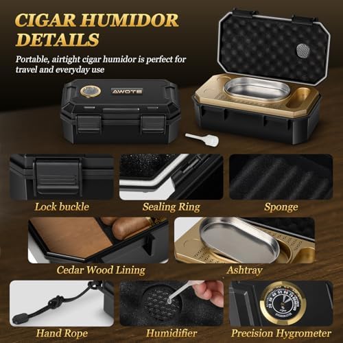 Set de Humidor de Viaje AWOTE con Encendedor de Soplete, Cenicero, Soporte, Humidificador y Higrómetro, Estuche Portátil para Cigarros con Accesorios - imagen 4