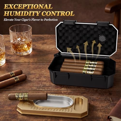 Set de Humidor de Viaje AWOTE con Encendedor de Soplete, Cenicero, Soporte, Humidificador y Higrómetro, Estuche Portátil para Cigarros con Accesorios - imagen 6