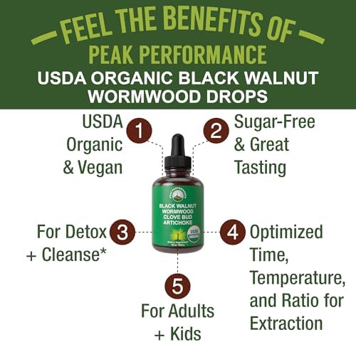 Gotas de Ajenjo, Nogal Negro y Clavo Orgánicas USDA para Limpieza Intestinal. Suplemento Sin Azúcar para Detox de Adultos y Niños. Kosher, Sin OMG. - imagen 2