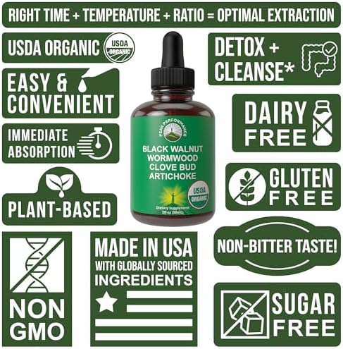 Gotas de Ajenjo, Nogal Negro y Clavo Orgánicas USDA para Limpieza Intestinal. Suplemento Sin Azúcar para Detox de Adultos y Niños. Kosher, Sin OMG. - imagen 7