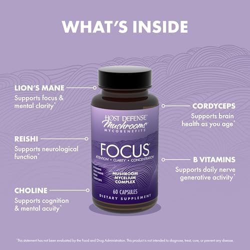 Cápsulas Host Defense MycoBenefits Focus - Suplemento de hongos para la salud cerebral - Apoyo a la función neurológica - Con Melena de león, Reishi - imagen 6