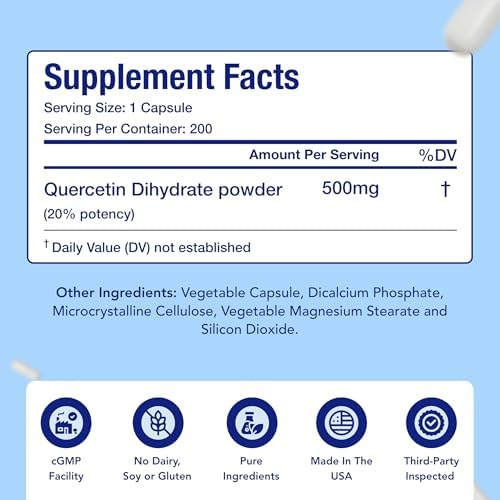 Cápsulas de Quercetina 500mg | Suplemento Antioxidante Vegano de Alta Potencia para Piel, Corazón e Inmunidad | Sin Gluten | Hecho en EE. UU. (200 - imagen 4