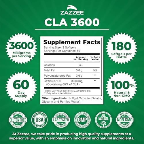 Zazzee CLA Alta Potencia 3600, 180 Softgels, 3600 mg por Porción, Ácido Linoleico Conjugado de Aceite de Cártamo, 60 Días, No GMO, Hecho en EE. UU. - imagen 3