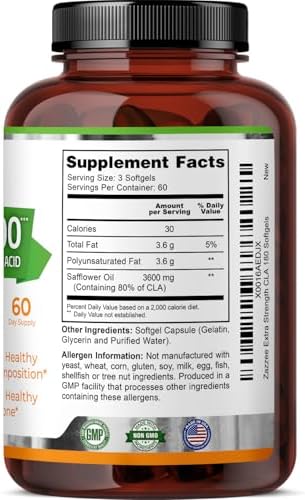 Zazzee CLA Alta Potencia 3600, 180 Softgels, 3600 mg por Porción, Ácido Linoleico Conjugado de Aceite de Cártamo, 60 Días, No GMO, Hecho en EE. UU. - imagen 8