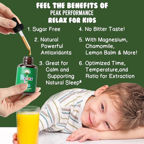 Peak Performance Kids Calm Gotas Líquidas - Suplemento Vegano para Relajación y Sueño - Sin Sabor al Mezclarse con Agua - Sin Azúcar, 9 en 1, 2 fl oz - imagen 2