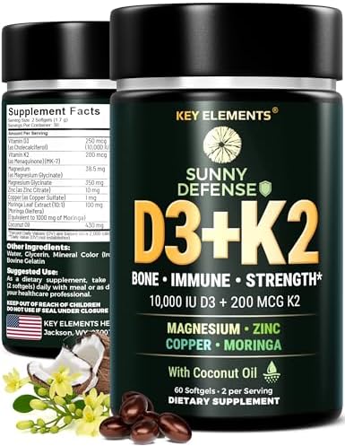 VITAMINA D3 K2 [Alta Dosis] 10,000 UI con Magnesio Glicinato 350mg, Zinc y Moringa - Soporte Óseo e Inmunológico - 200mcg K2 MK-7 - Softgels Sin OGM - imagen 1