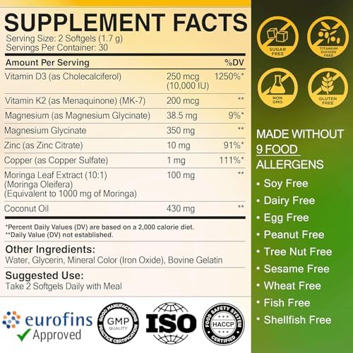 VITAMINA D3 K2 [Alta Dosis] 10,000 UI con Magnesio Glicinato 350mg, Zinc y Moringa - Soporte Óseo e Inmunológico - 200mcg K2 MK-7 - Softgels Sin OGM - imagen 8