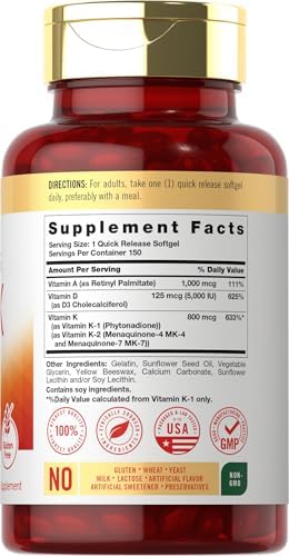 Suplemento de Vitaminas ADK Carlyle | 150 Softgels | Vitaminas A, D3 (5000 IU), K1, K2 (MK-4 & MK-7) | Sin OGM, Sin Gluten - imagen 2