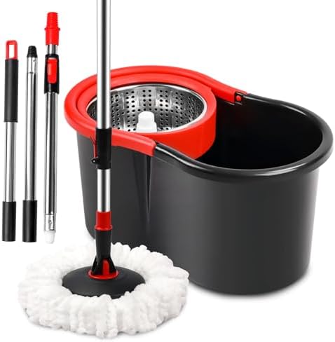 Set de Cubeta y Mopa Giratoria 360° con Escurridor, Incluye Refill de Microfibra y Mango Extensible de 50 para Limpieza de Pisos (Negro) - imagen 1