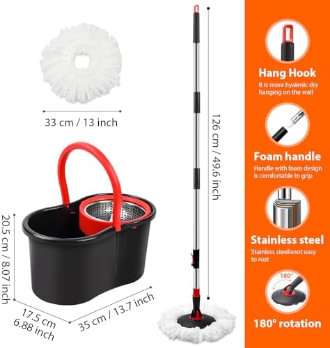 Set de Cubeta y Mopa Giratoria 360° con Escurridor, Incluye Refill de Microfibra y Mango Extensible de 50 para Limpieza de Pisos (Negro) - imagen 2